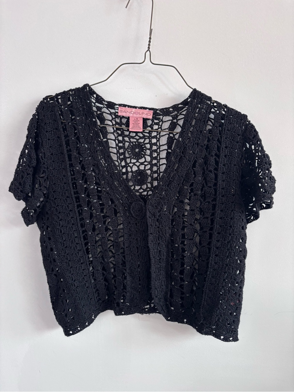 Dainty Bandolino Black Crochet Short Sleeve Knit Cardigan/ Cover-Up, Size Large